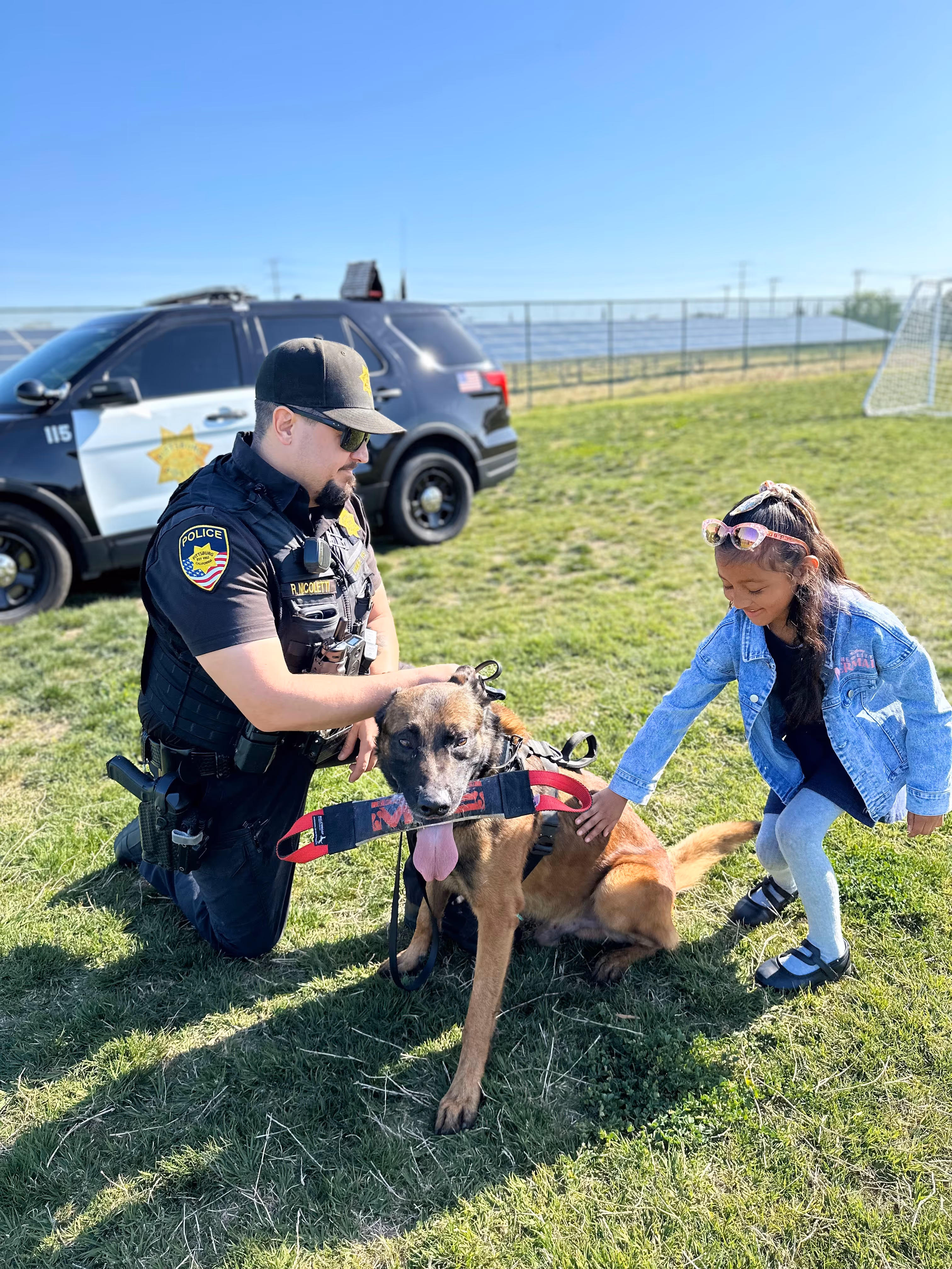 Police officer kneeling next to a sitting police dog while a young girl pets the dog on a sunny grassy field with a police car and soccer goal in the background.