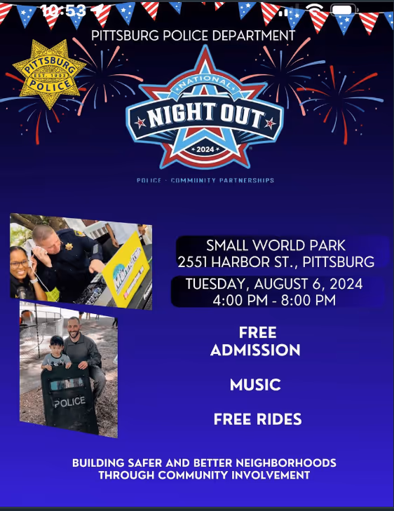 Pittsburgh Police Department National Night Out event flyer with fireworks, event details for August 6, 2024, at Small World Park, featuring free admission, music, and free rides.