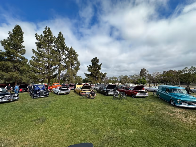 Vintage and classic cars displayed on a grassy field under partly cloudy sky with trees in the background.