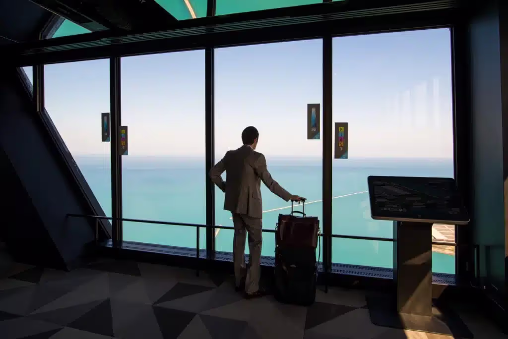 corporate traveler looking out window