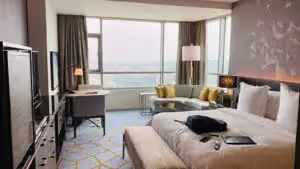 High-rise hotel room with large windows