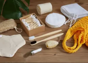 Eco-friendly toiletries spread out on a wooden table