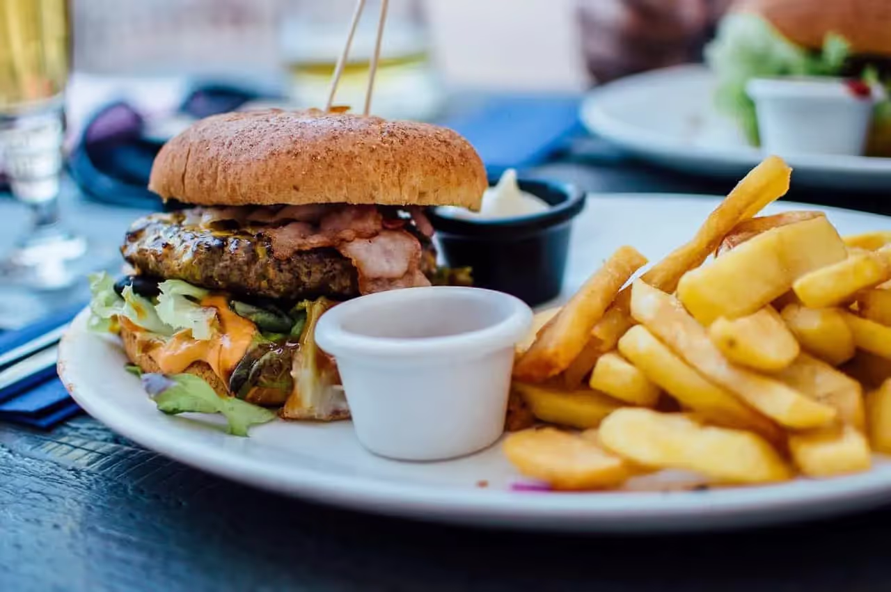Burger and fries on plate
