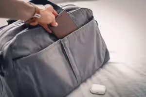 Hand placing leather book into backpack