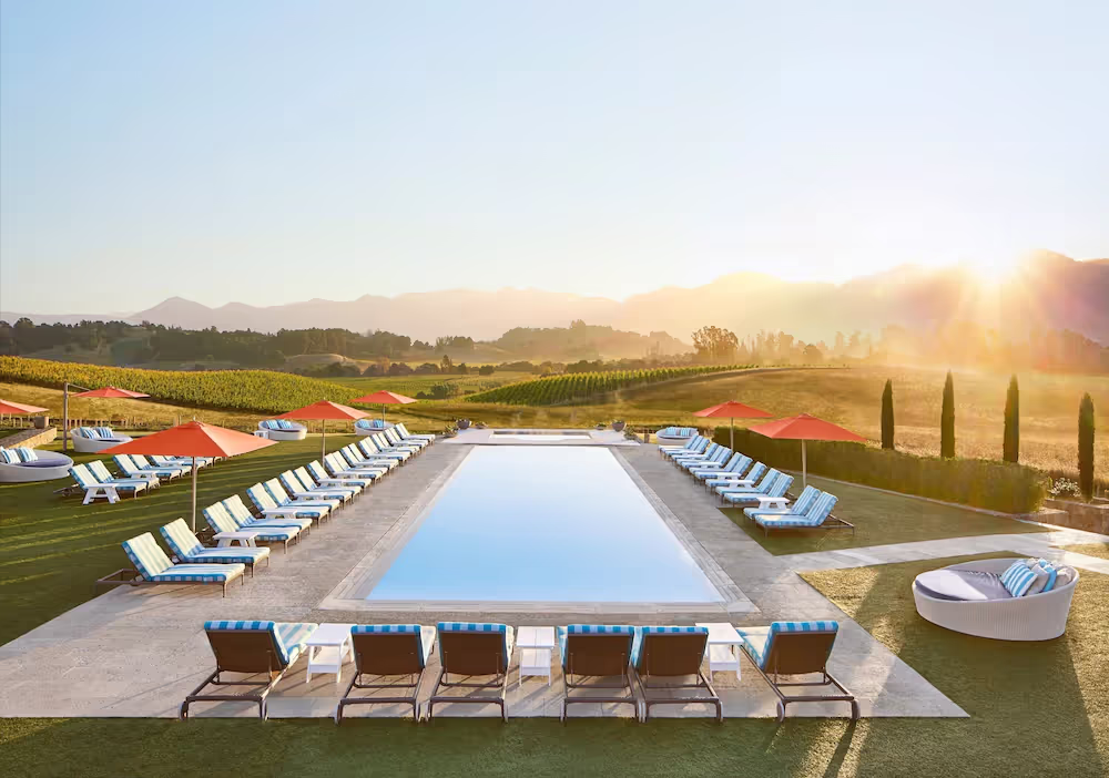 A pool with chairs and umbrellas in a fieldDescription automatically generated