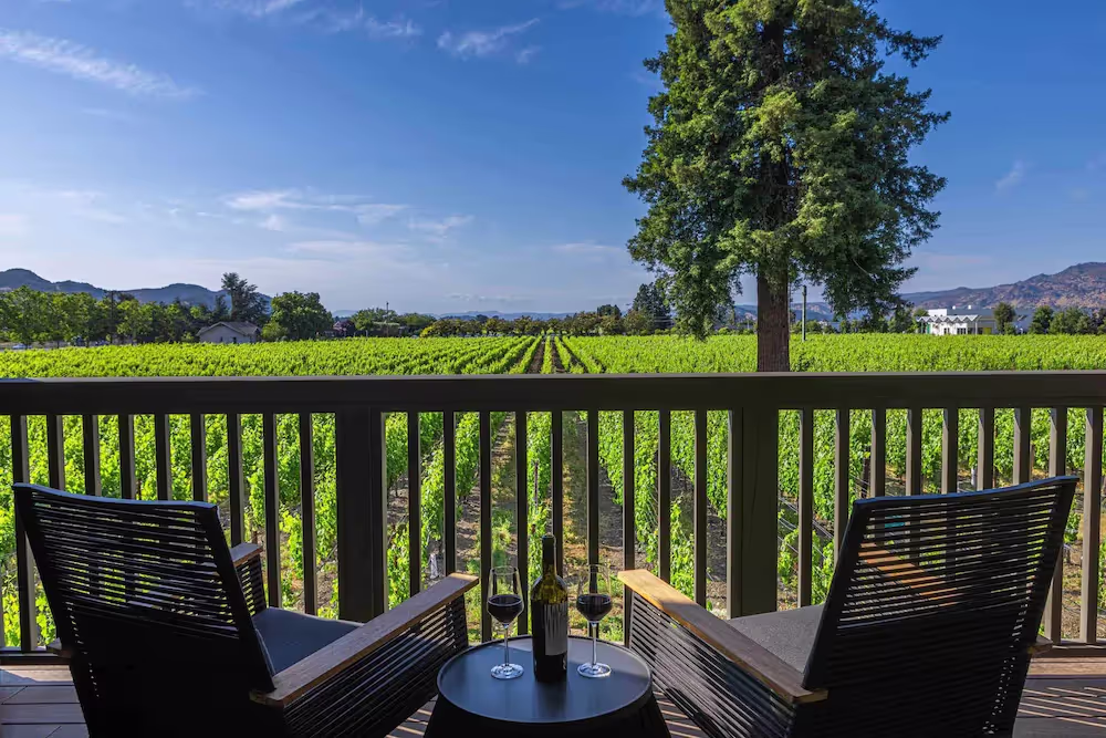A table and chairs on a balcony with a vineyard in the backgroundDescription automatically generated