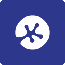 White abstract spiral logo on a blue square background. KeyPay logo.