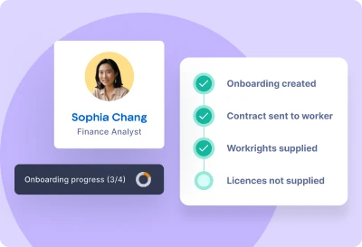 Onboarding progress for Sophia Chang, Finance Analyst, showing 3 of 4 steps completed with checklist of onboarding tasks.