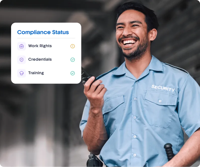 Xemplo security guard compliance dashboard showing licences, work rights, training and expiry status