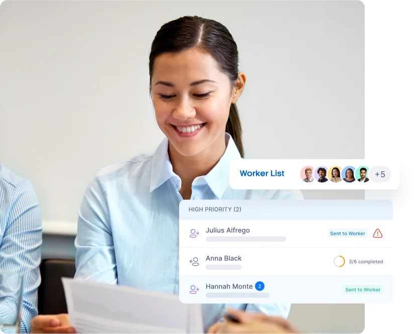 HR professional reviewing employee documents with Xemplo workforce task interface