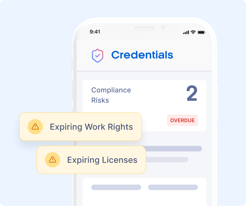 Xemplo workforce compliance dashboard showing licence and credential status