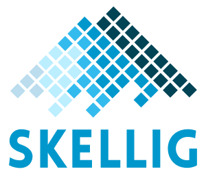 Blue pixelated mountain shape above the word SKELLIG in bold blue letters.