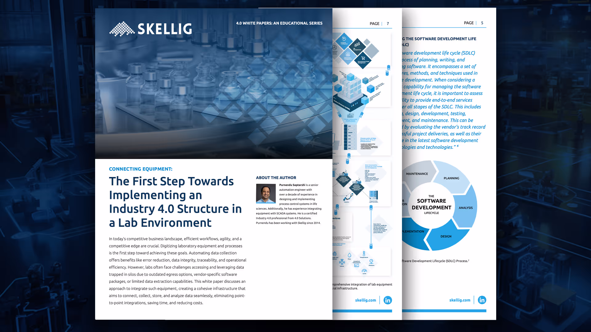 Cover page and inside preview of Skellig whitepaper titled 'The First Step Towards Implementing an Industry 4.0 Structure in a Lab Environment' featuring laboratory vials and author photo.