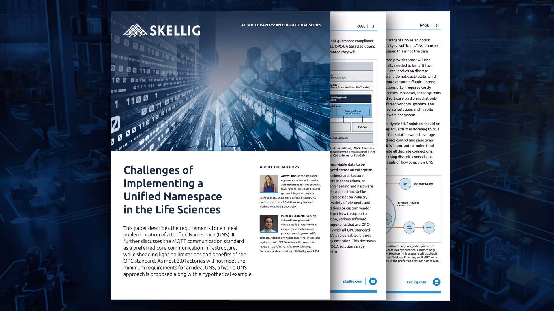Cover of a white paper titled 'Challenges of Implementing a Unified Namespace in the Life Sciences' by Skellig, showing authors' photos and a summary of the paper's focus on MQTT communication and hybrid-UNS approach.