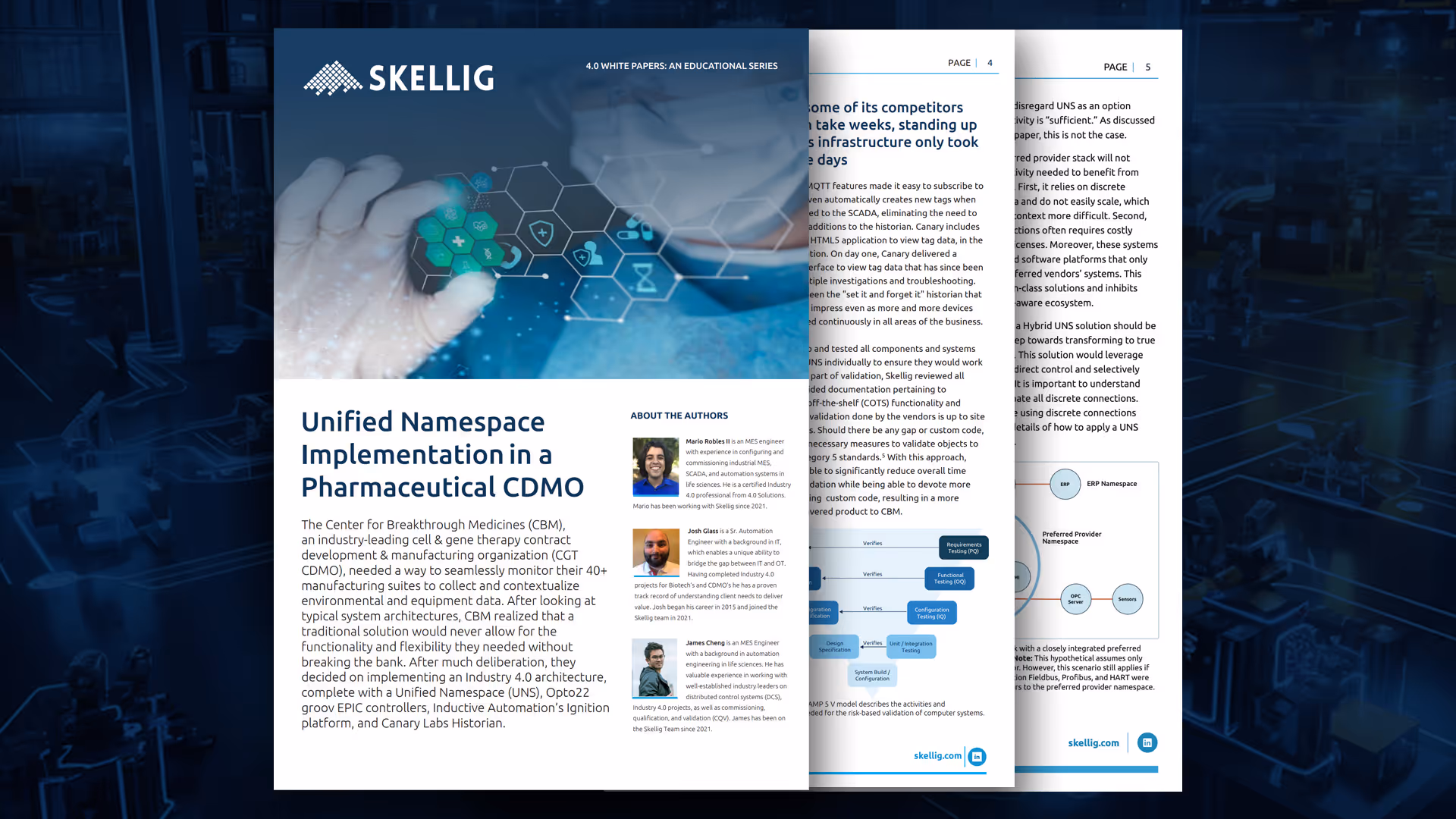 Cover of a Skellig white paper titled 'Unified Namespace Implementation in a Pharmaceutical CDMO' featuring a healthcare professional interacting with digital medical icons.