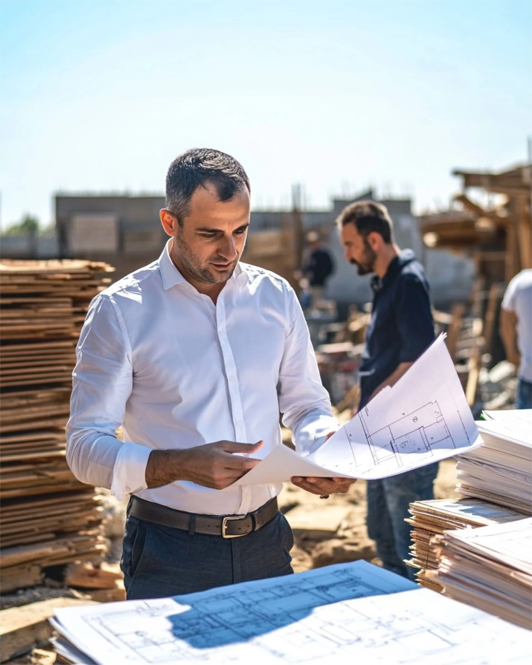 Man in white shirt examining architectural blueprints at a busy construction site.