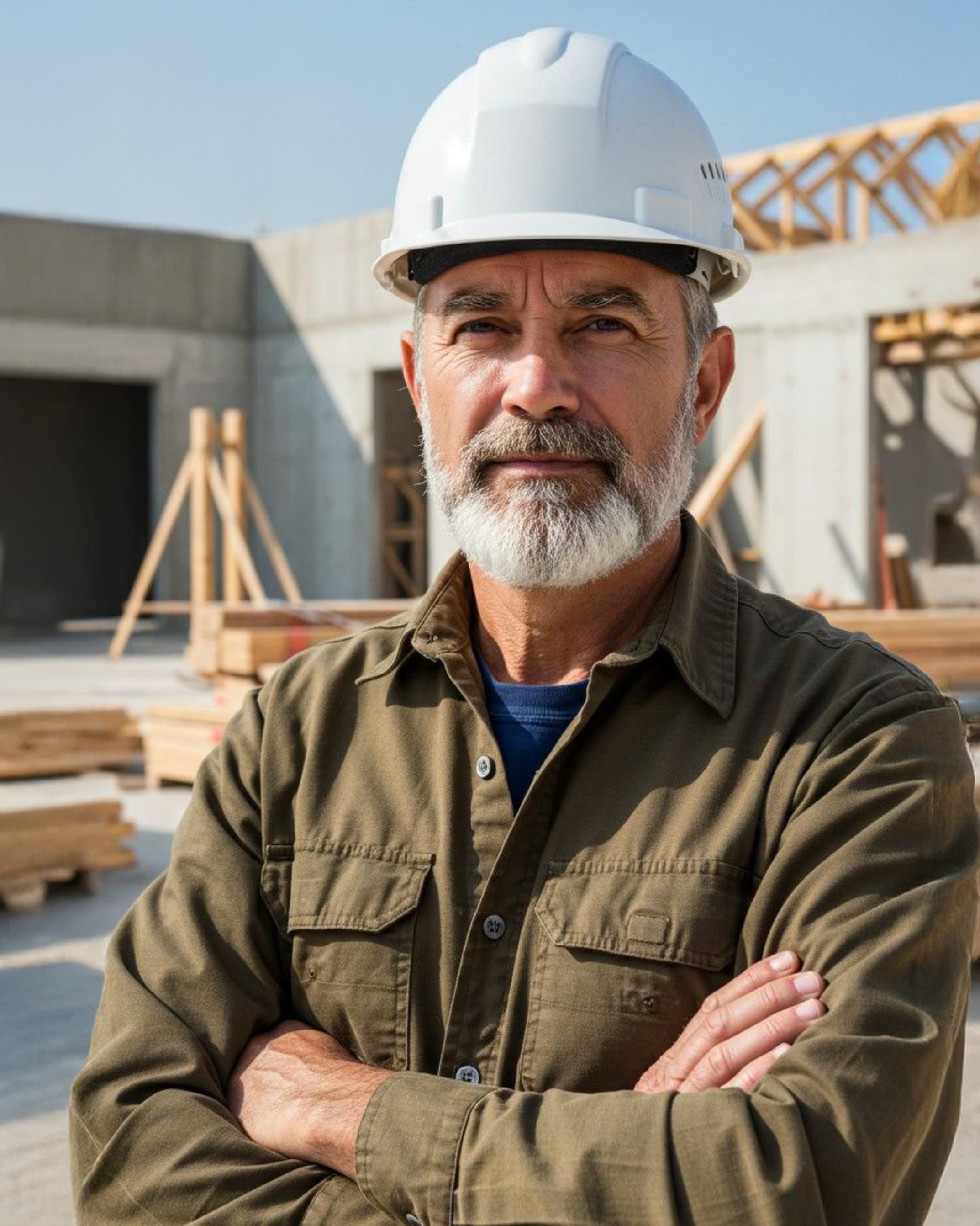 Middle-aged male construction worker with gray beard wearing a white hard hat and olive green jacket stands with arms crossed at a building site.