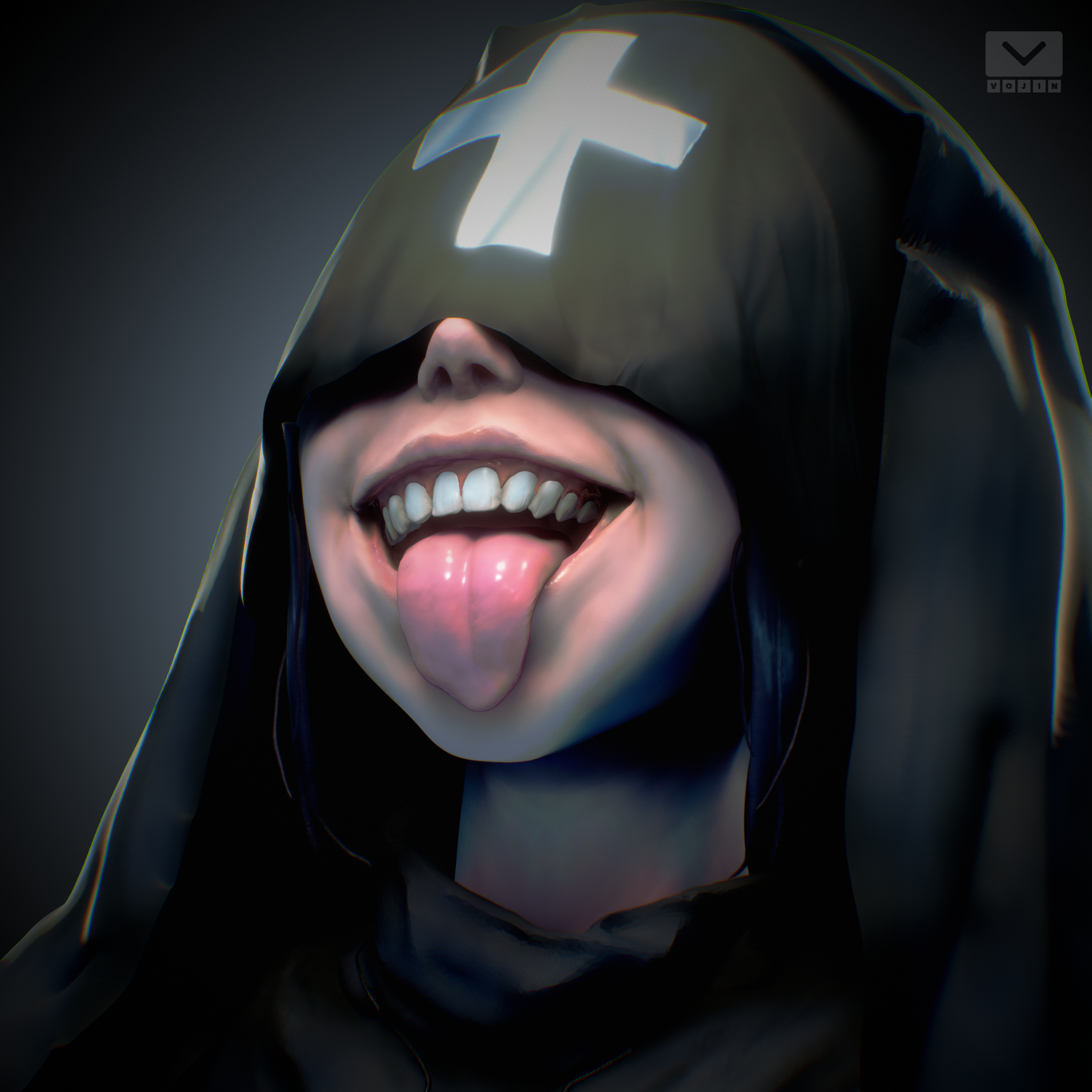 Sister Noctra character portrait with dark hood and glowing cross