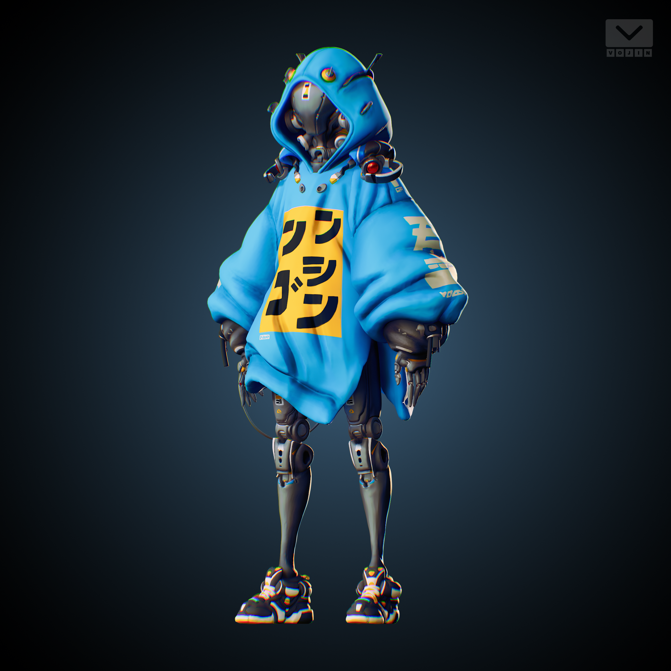 Blue hooded science fiction character with a helmet