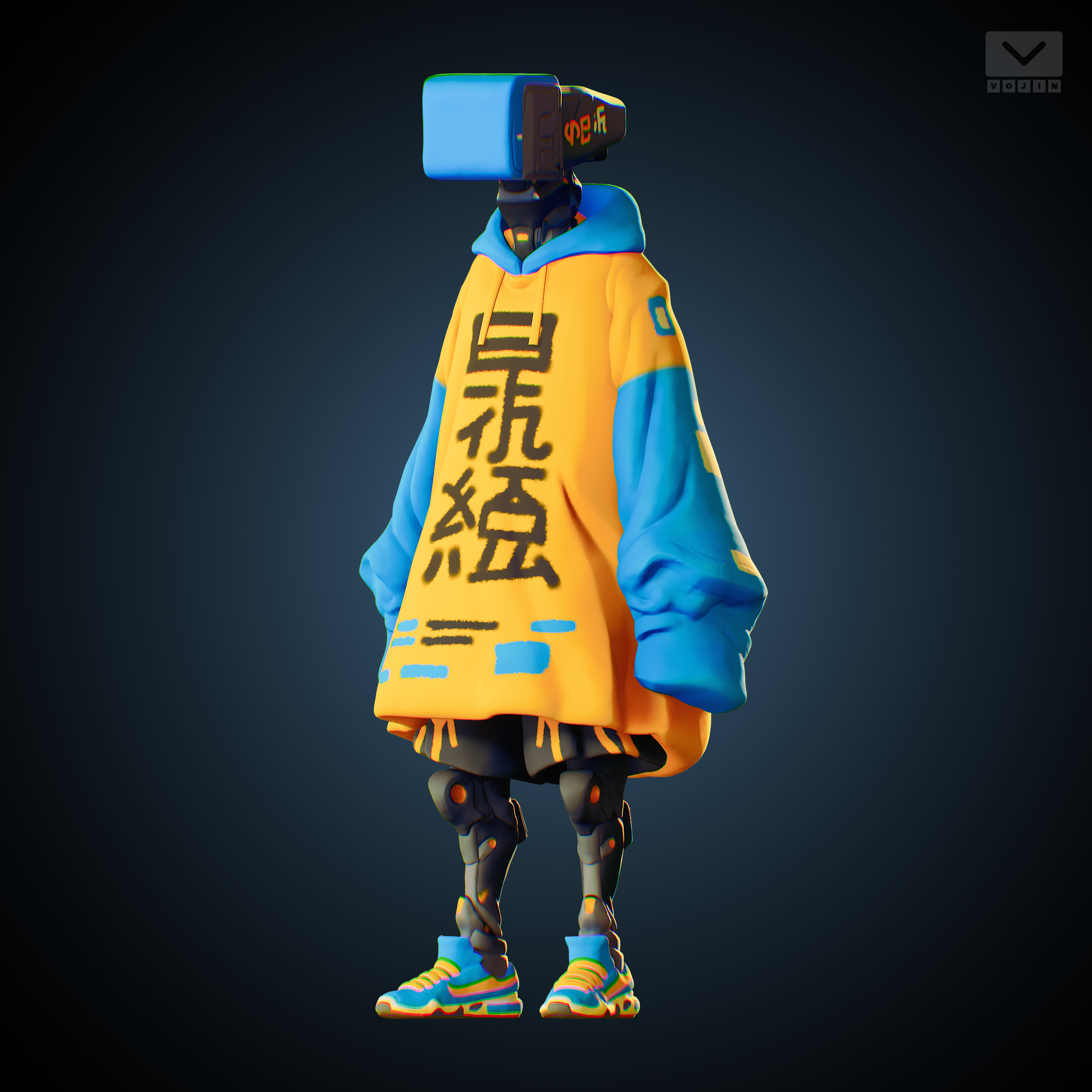Colorful robot character with a camera shaped head