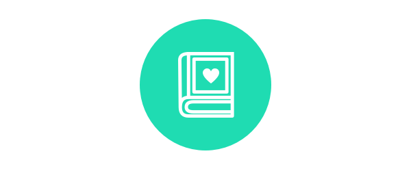 White book icon with a heart on the cover inside a teal circle.