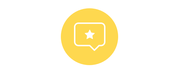 White speech bubble with a star inside on a yellow circular background.