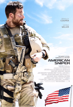 Soldier in combat gear holding a helmet against a blue sky with the American flag below, poster for the movie American Sniper.