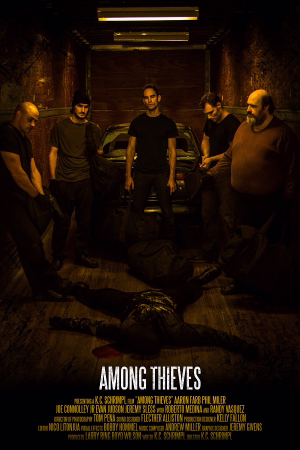 Five men standing around a person lying on the floor in a dimly lit room with a car in the background, titled 'Among Thieves'.
