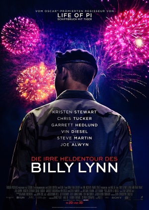 Poster for the movie 'Die Irre Heldentour des Billy Lynn' showing a soldier from behind with colorful fireworks in the night sky.