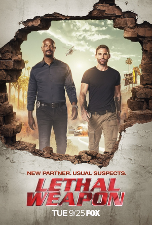 Promotional poster for Lethal Weapon featuring two men standing confidently framed by a broken wall, with a helicopter and palm trees in the background.