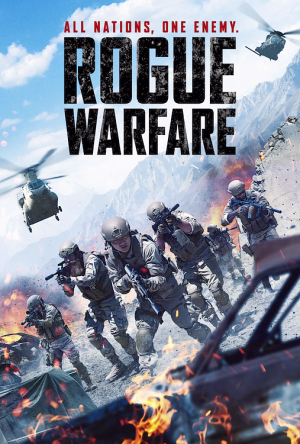 Soldiers in combat gear running through a burning battlefield with helicopters flying overhead and mountains in the background, titled 'Rogue Warfare' with the tagline 'All Nations, One Enemy.'