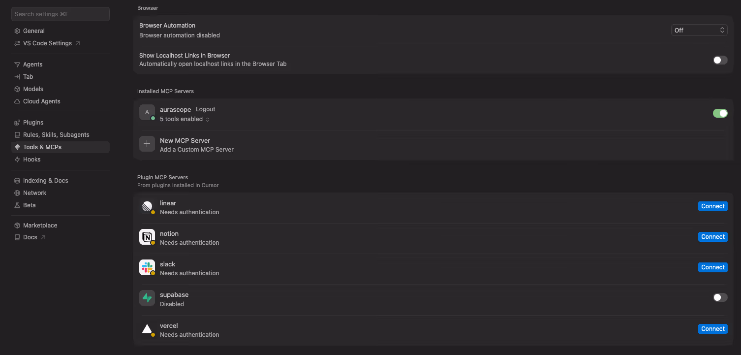 Cursor Tools and MCPs panel showing aurascope installed with 5 tools enabled