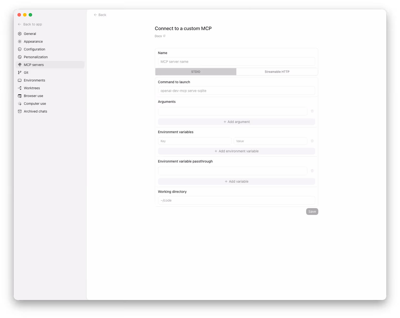 Codex Connect to a custom MCP dialog with Name field, STDIO and Streamable HTTP toggle, and connection options
