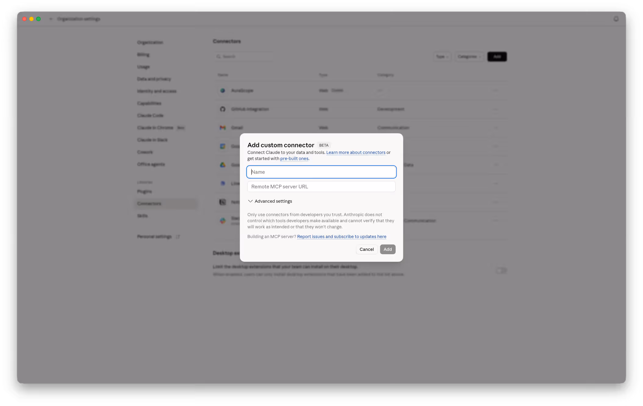 Claude Desktop Add custom connector dialog with Name and Remote MCP server URL fields
