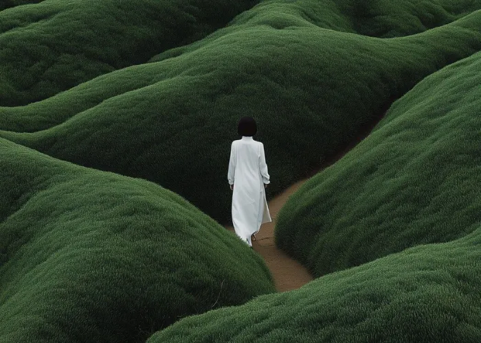 Undulating green hills with scattered wildflower patches