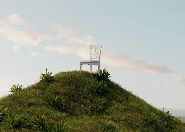 Minimalist green landscape with scattered white blooms