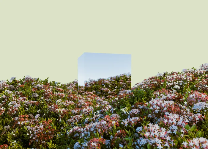 Undulating green hills with white flower accents