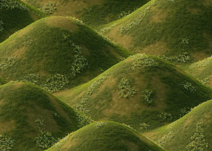 Rolling green hills with scattered wildflowers aerial view