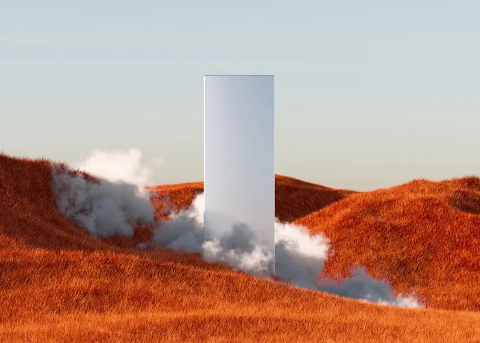 Sculptural green hills with winding white flower paths