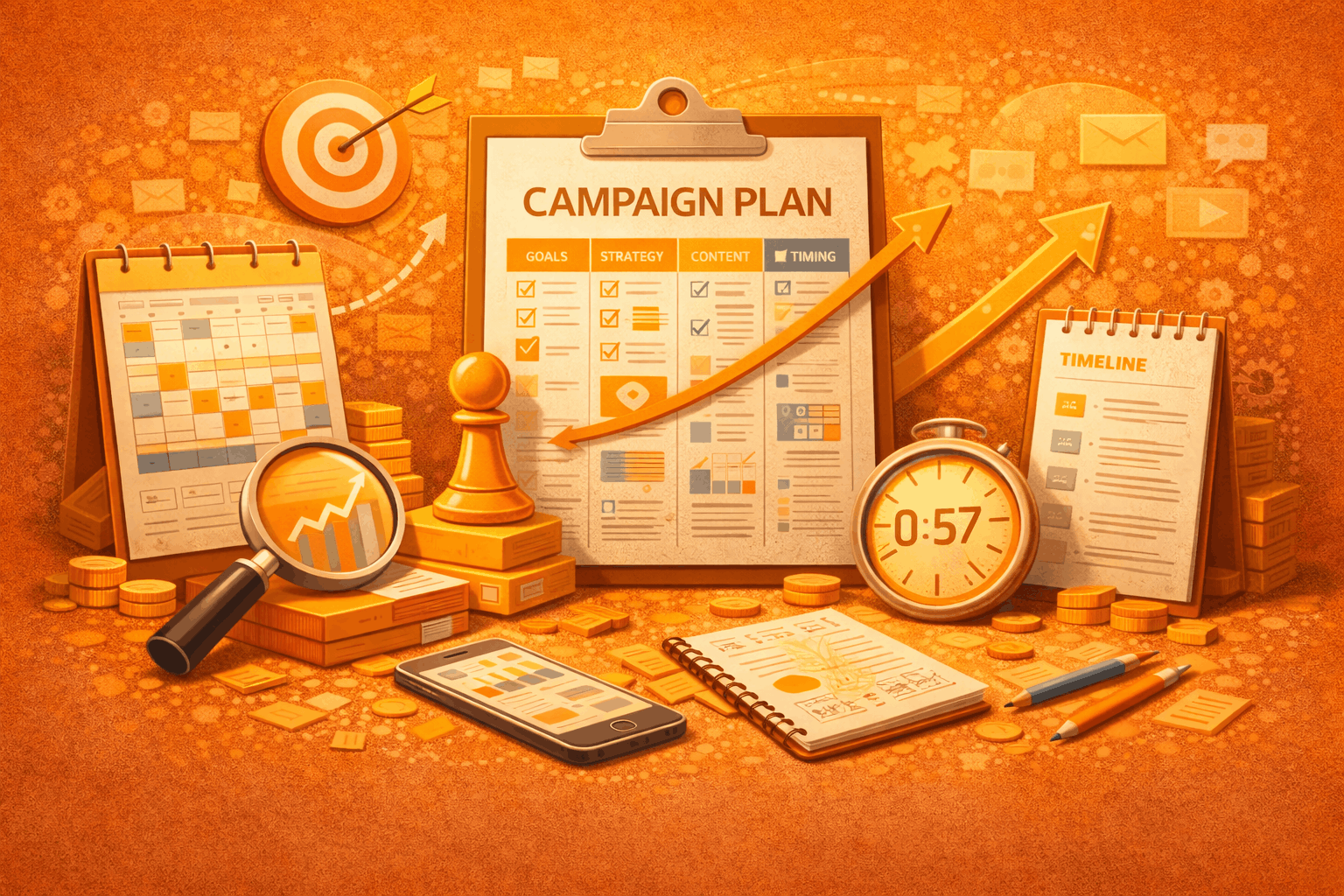 Creative content direction workspace showing a planning board with connected ideas, laptops, camera equipment, notebooks, and visual assets representing structured content strategy and production planning