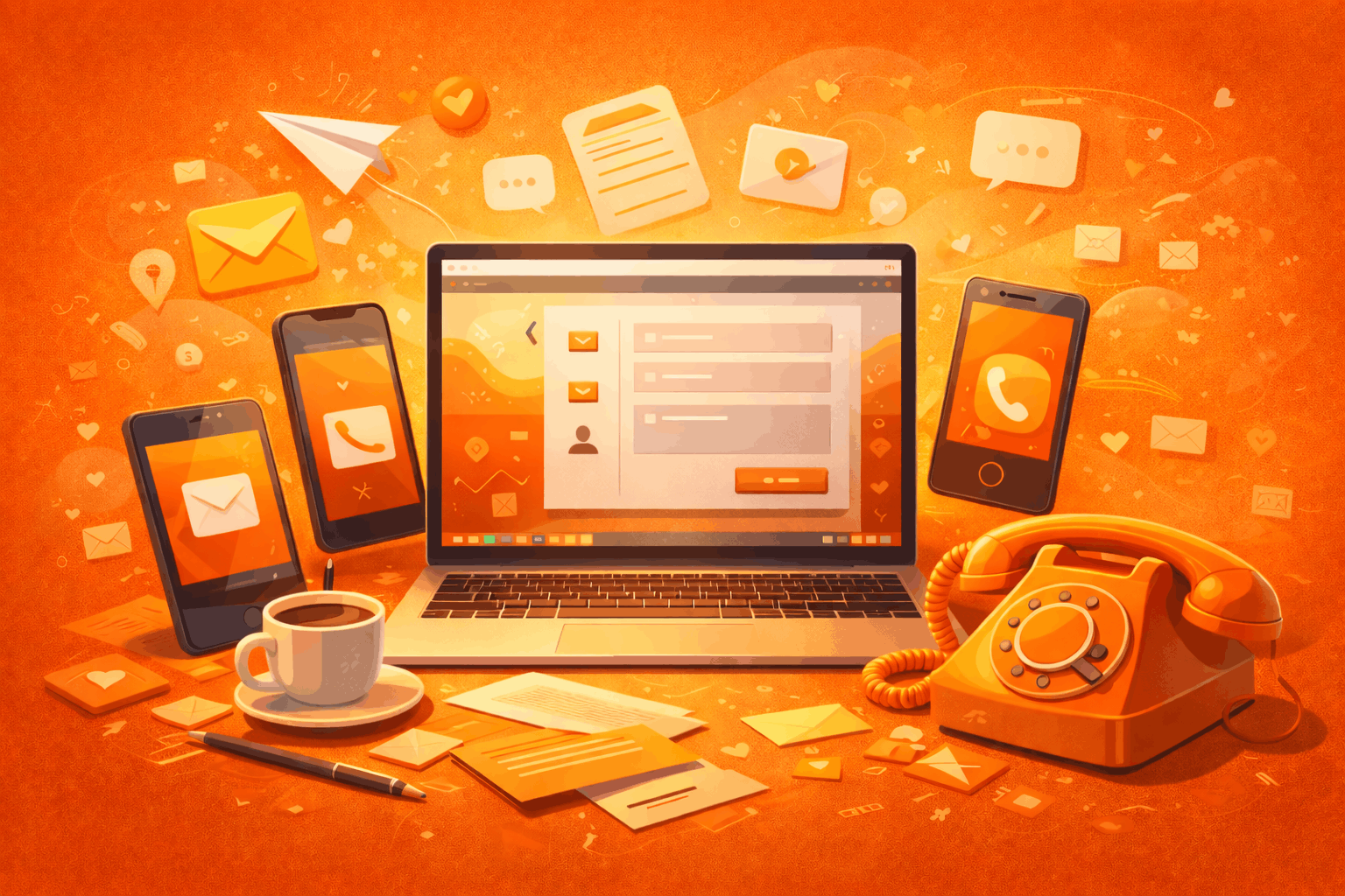 Illustration of a digital workspace with a laptop showing a contact interface, surrounded by communication icons and tools, representing content, systems, and client communication at MediaStory.