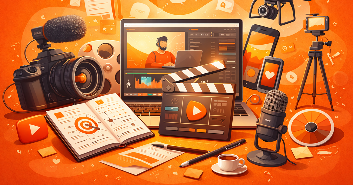 Illustration of a digital workspace with a laptop showing a contact interface, surrounded by communication icons and tools, representing content, systems, and client communication at MediaStory.