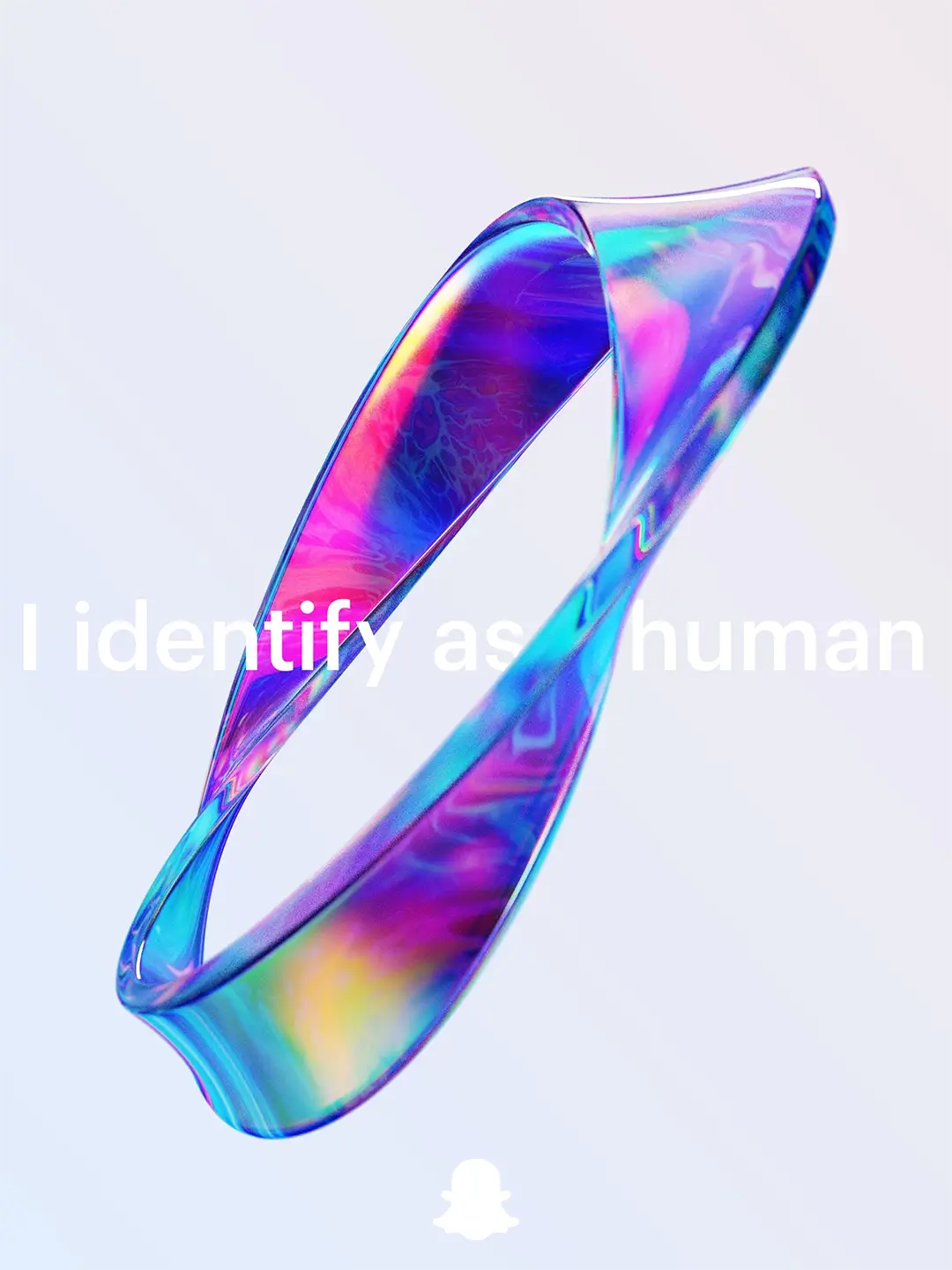 Colorful translucent twisted band with the text 'I identify as human' partially obscured behind it on a light background.