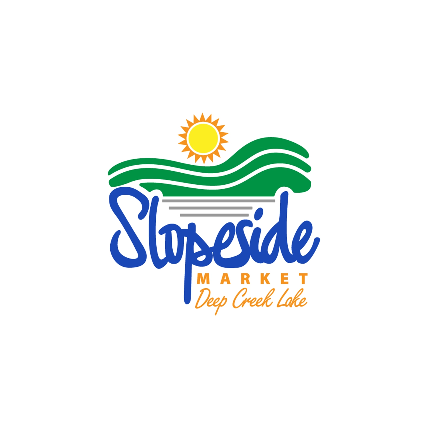 Logo with green hills, a yellow sun, and text 'Slopeside Market Deep Creek Lake' in blue and orange.