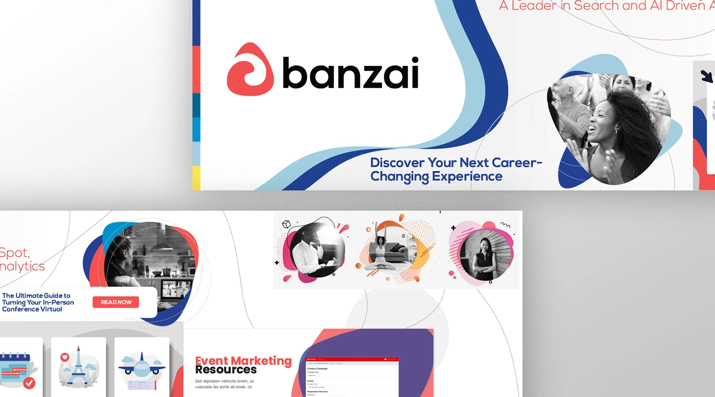 Banzai logo with slogan Discover Your Next Career-Changing Experience, collage of black and white photos of diverse people, and event marketing resources with colorful icons.