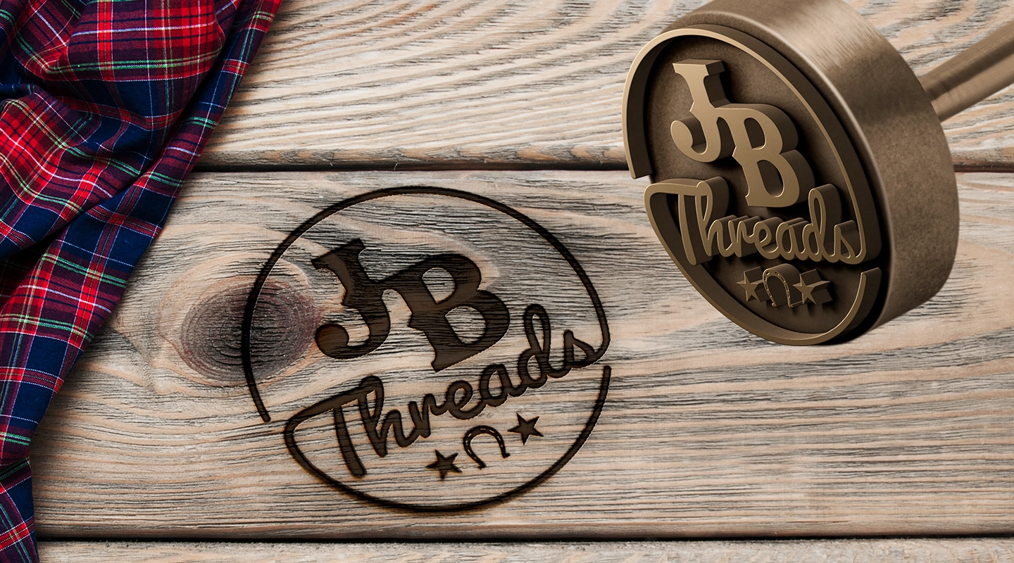 Wooden surface with a circular 'JB Threads' brand stamp and a plaid fabric on the side.