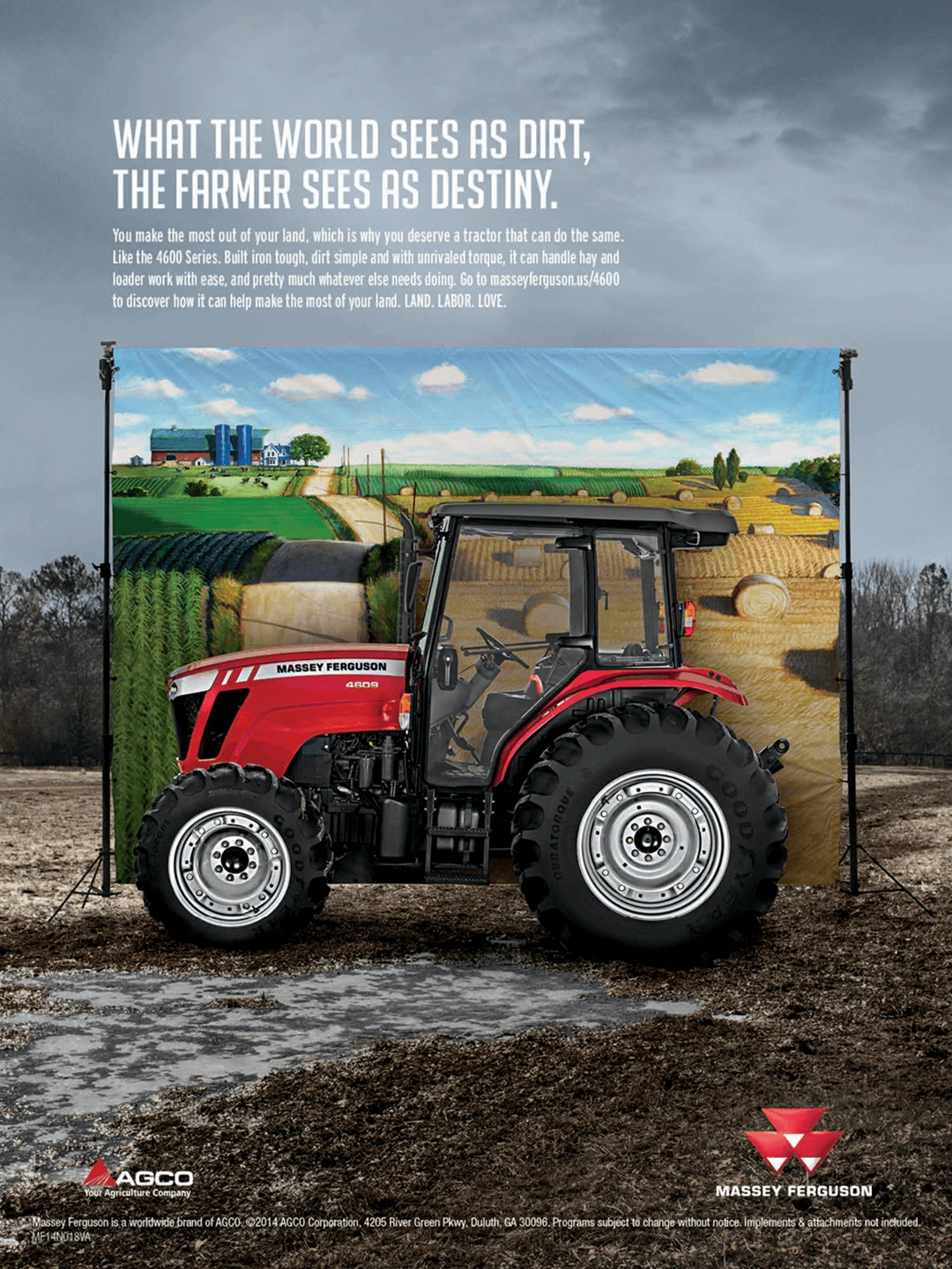 Red Massey Ferguson 4609 tractor positioned in front of a backdrop showing a vibrant farmland scene.
