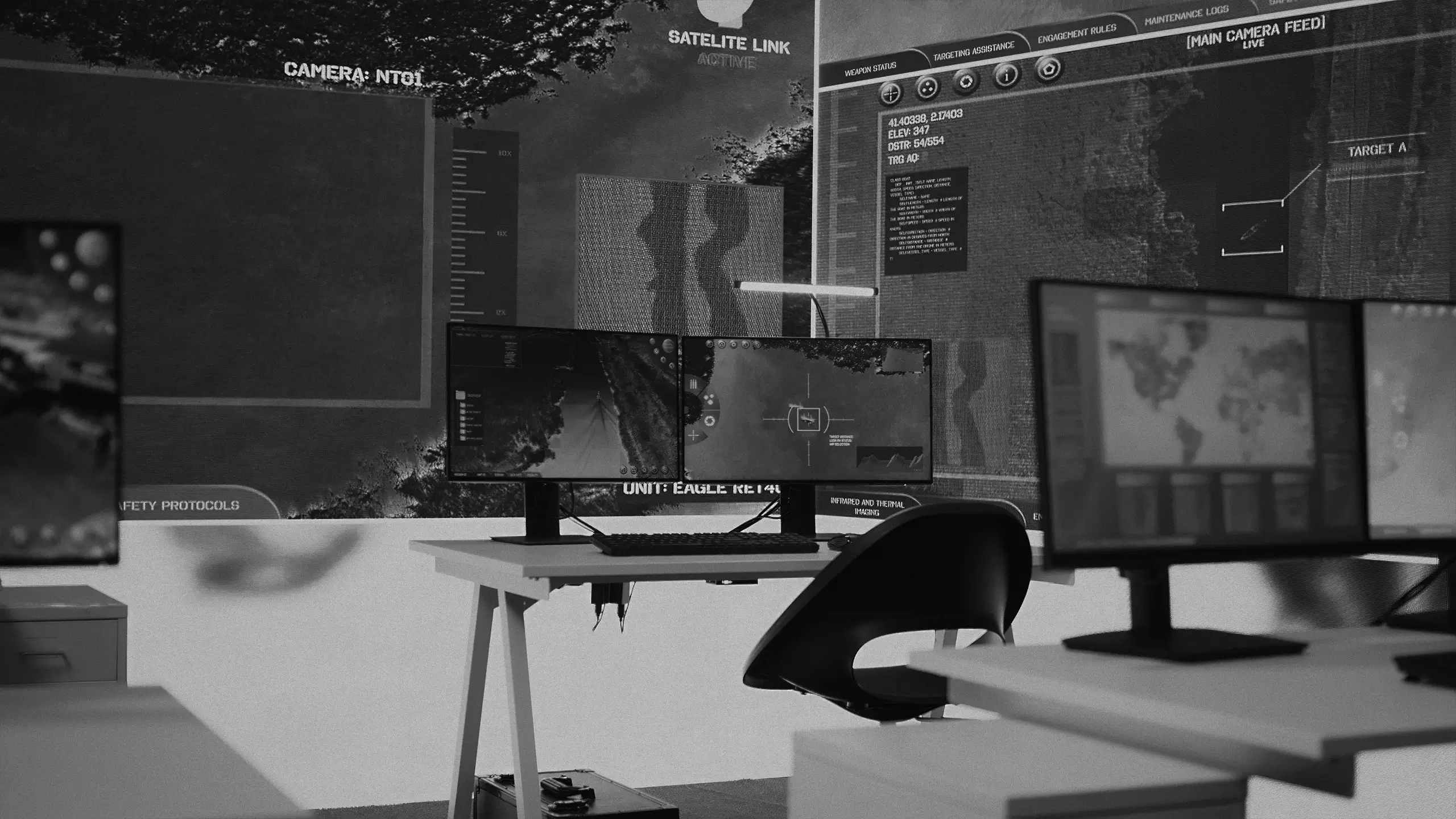Control room with multiple monitors showing satellite links, maps, and target tracking data.
