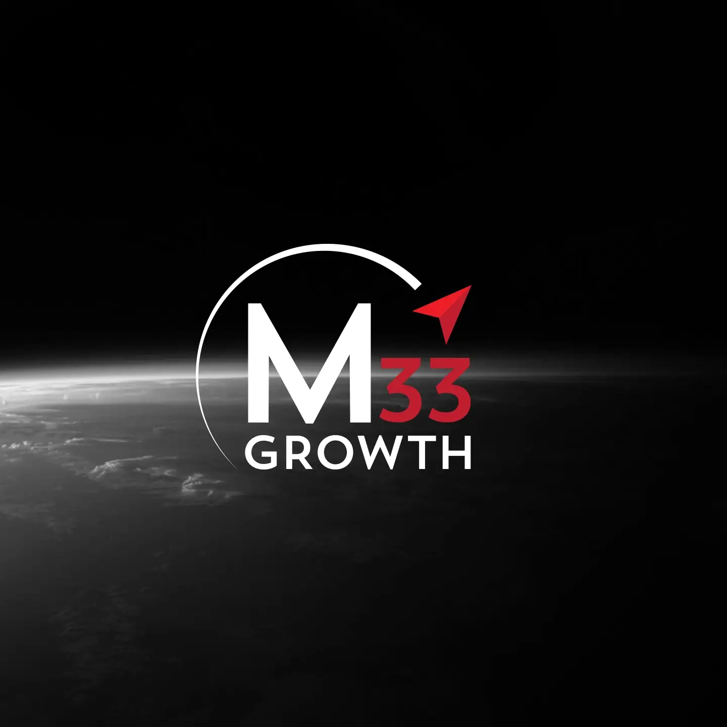 Logo with large white M, red number 33, the word GROWTH below, and a red paper airplane within a partial white circular arc on a dark space background.