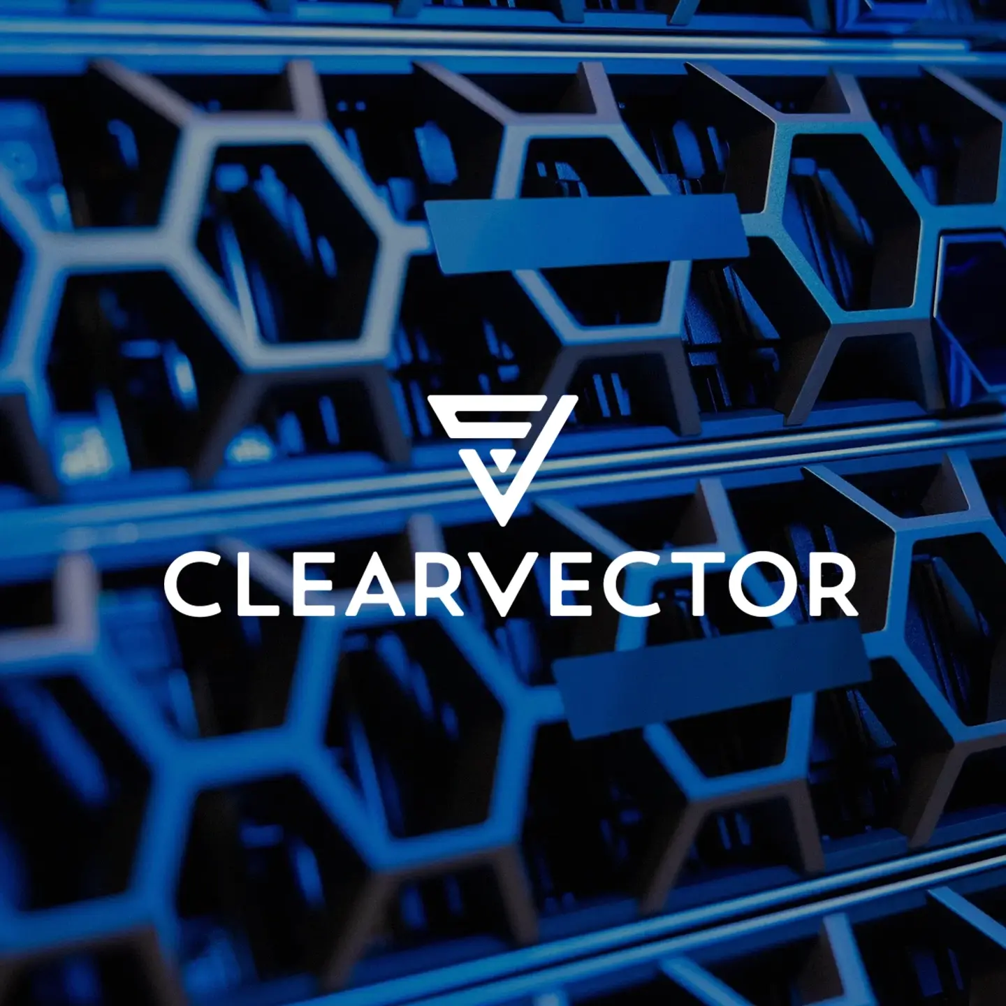 ClearVector logo with stylized 'CV' symbol over a blue hexagonal grid background.